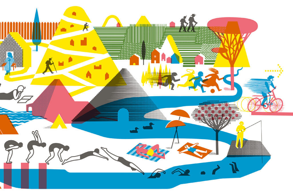 Composición de colores planos y vivos sobre fondo blanco, unas imágenes se superponen sobre otras. Entre otras cosas, vemos personas corriendo y moviéndose sobre una montaña, una colina, otros juegan junto a un río, uno pesca otro salta y nada por el río. Algunas figuras descansan.