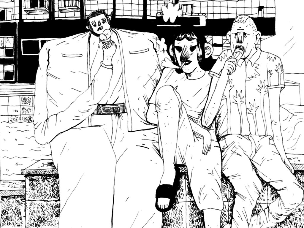 Imagen en blanco y negro. Tres amigos sentados en un muro frente a un edificio. En el centro una chica fumando, a los lados hay dos chicos comiendo helado.