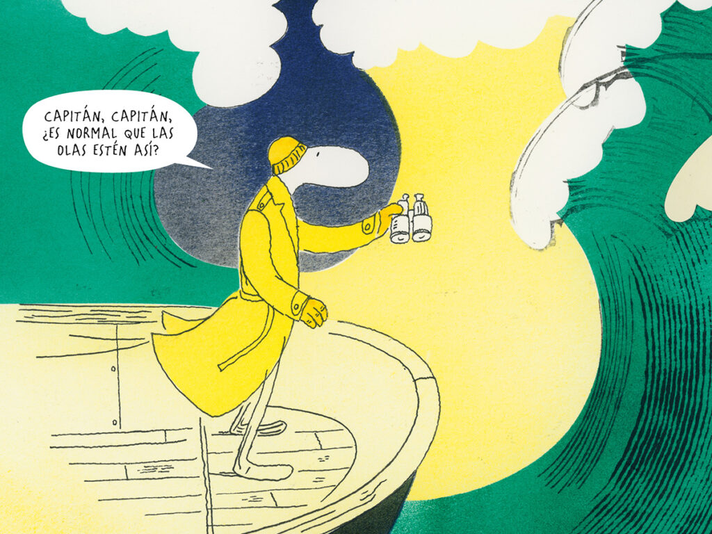 El Mulero está en la proa del barco observando como las olas se ciernen sobre el mientras dice: 