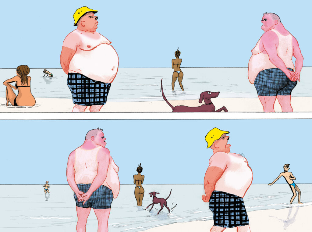 Un hombre con una gran barriga anda por la playa con su perro. Al pasar delante de otro hombre con una fisonomía similar, mete barriga y saca pecho.