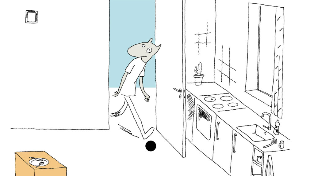 El protagonista anda desconcertado, justo delante de su pie se encuentra el círculo negro, se entiende que va a tropezar con él. A su alrededor vemos muebles de cocina. El único color viene de la habitación de la que viene el personaje, un bloque azul plano; el gris de su piel, y una caja marrón en el suelo.