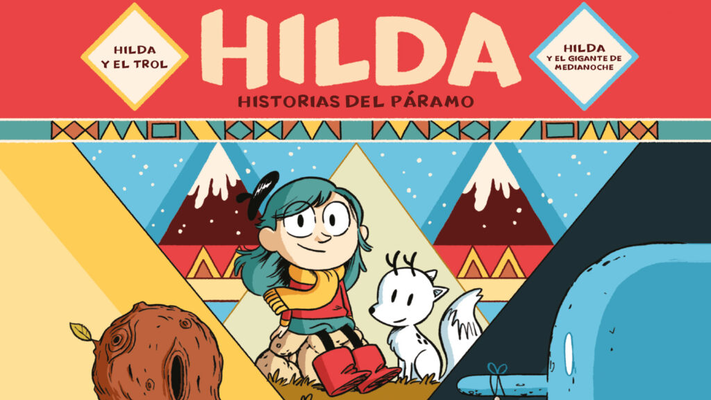 Diseño central de la cubierta de Hilda historias del páramo. En la parte superior aparece el título del libro, a sus lados, los títulos de los cómics que contiene: 