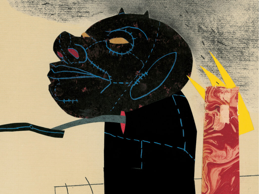 Fondo de papel craft. En el centro, una figura negra con una cabeza desproporcionadamente grande con los rasgos dibujados en tonos azules y varias líneas discontinuas le cruzan la cabeza. No tiene pelo y por arriba le asoman dos cuernos, es el demonio. A su derecha varios papeles pegados en tonos rojos y amarillos, simulan fuego. Por encima de la figura una nube negra sale de ese fuego dibujada con carboncillo. La figura apunta con un brazo muy delgado, como una rama, hacia el lado izquierdo, con cara de malicia.