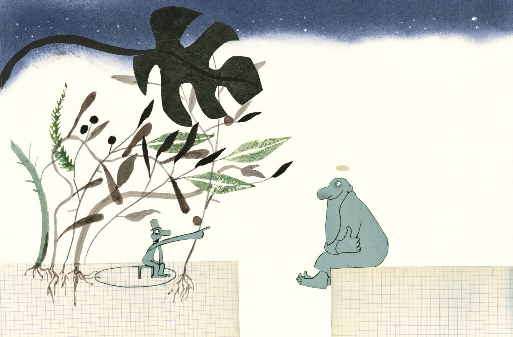 Fondo amarillento muy claro. La parte superior de la imagen está cubierta de una mancha azul oscura con pequeñas motas blancas. A la izquierda, sobre un rectángulo construido con un papel cuadriculado, está sentado el personaje del hombrecillo, dentro de un círculo dibujado en el suelo. A su espalda nacen grandes plantas dibujadas con acuarela. El hombre está desnudo salvo por un sombrero y señala enfadado a Dios. Dios está sentado sobre un rectángulo a la derecha con cara feliz. Ambos son de color azul verdoso con textura de papel y están dibujados sobre el papel son sencillas líneas de carboncillo.